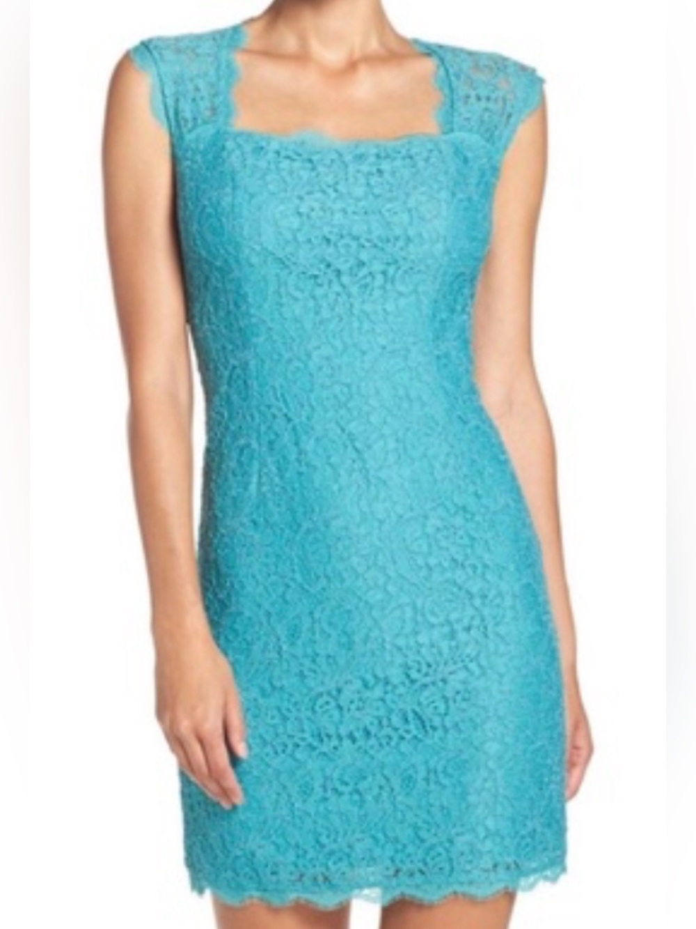 Adrianna Papell Teal Lace Cap-Sleeve Dress Sz 2